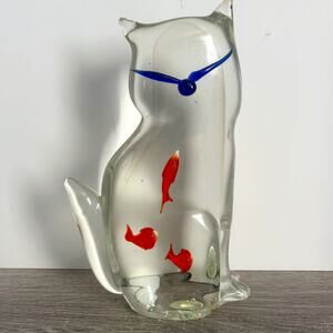 Vintage Hand Crafted Clear Murano Italian Art Glass Cat W Fish Sculpture EUC